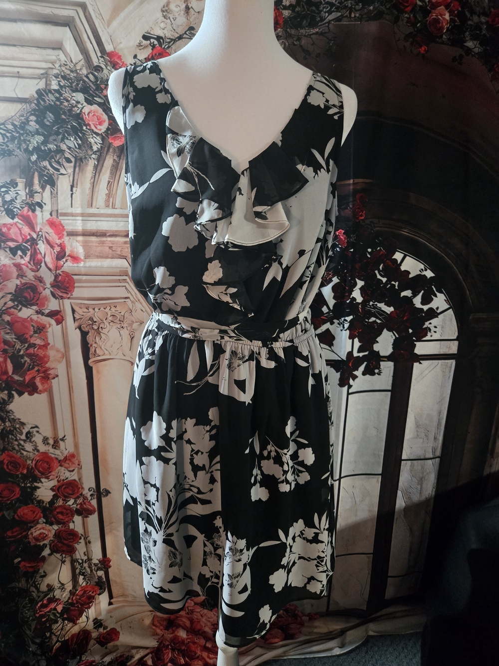 Express Black and White Floral Ruffle Mini Dress